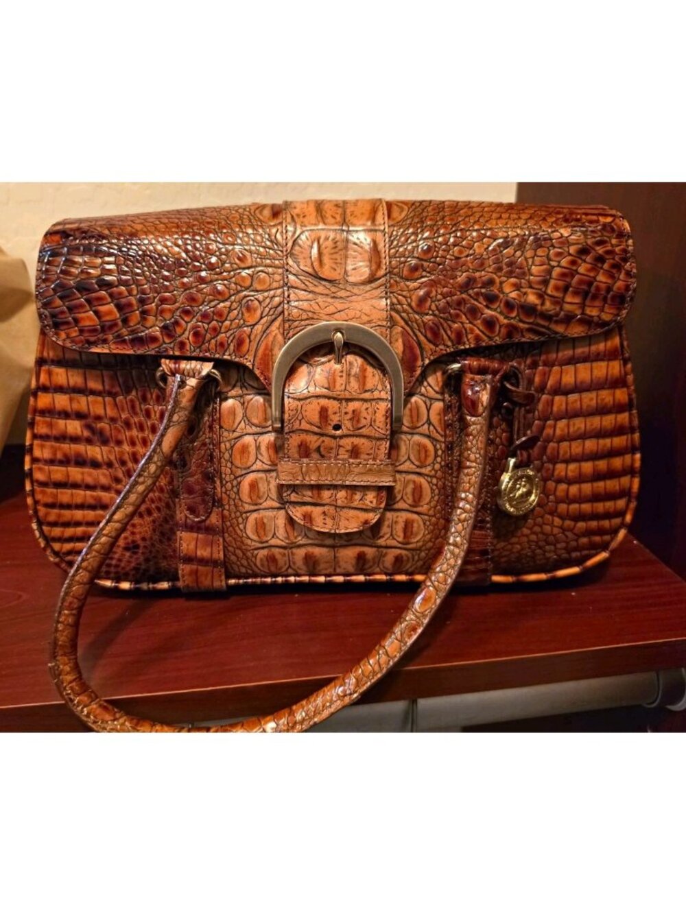 Brahmin Brown Leather Croc Embossed Satchel Top Handle w/ Detachable Strap